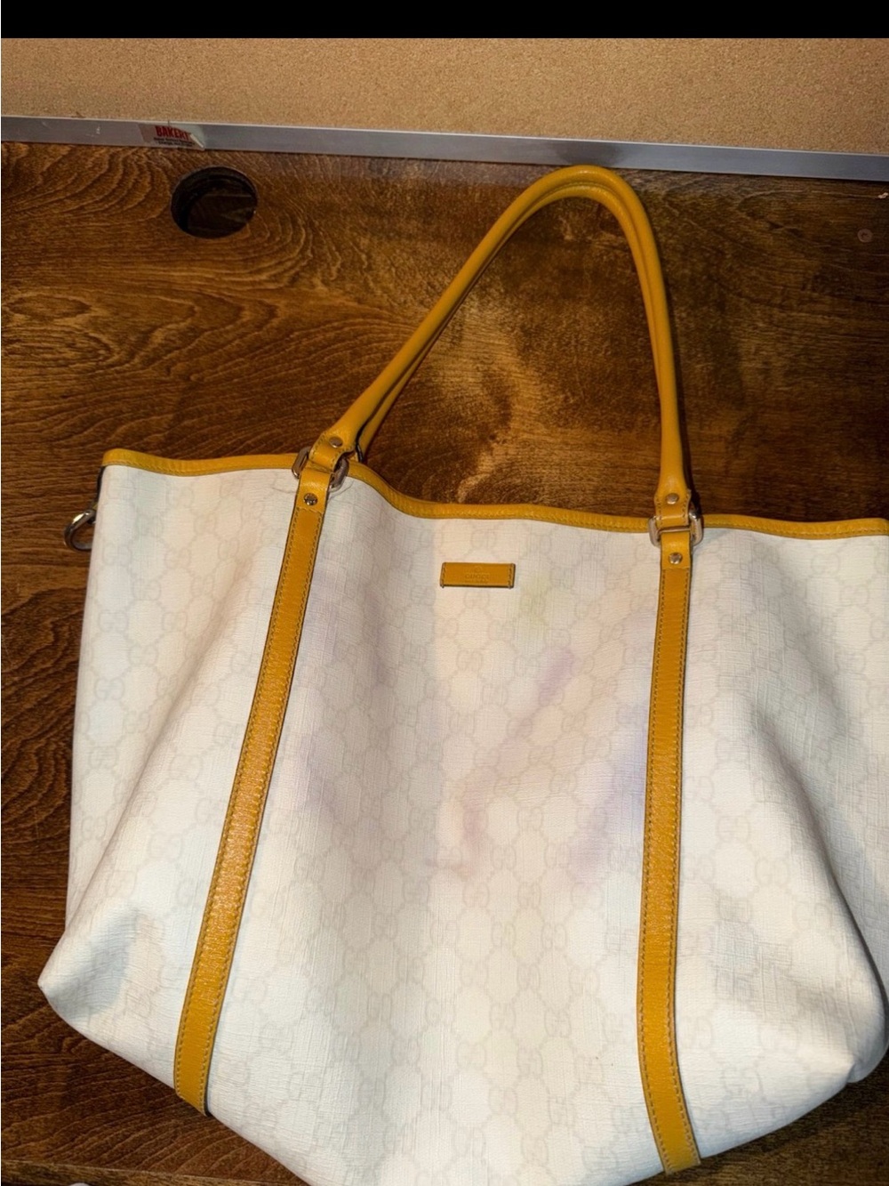 Gucci White and Mustard Leather-Trim Tote Bag
